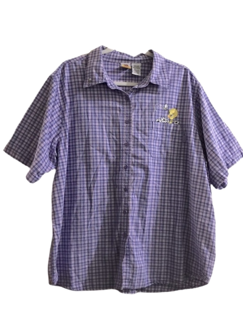 Looney Tunes Toons Tweety Bird Shirt Button Down Checkered 90s Cartoons Casual